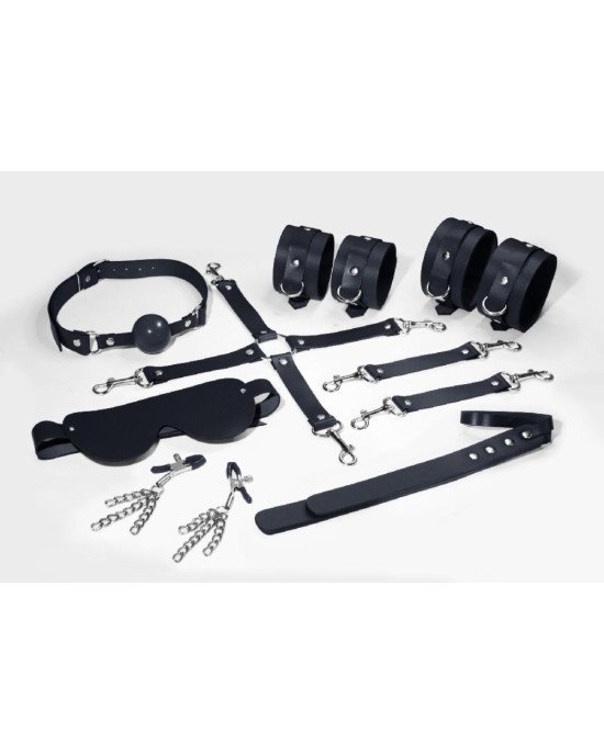 Набір Feral Feelings BDSM Kit 7 Black, наручники, поножі, конектор, маска, паддл, кляп, затискачі Набір Feral Feelings BDSM Kit 7 Black, наручники, поножі, конектор, маска, паддл, кляп, затискачі