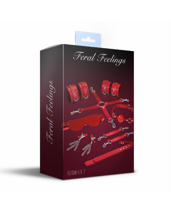 Набір Feral Feelings BDSM Kit 7 Red, наручники, поножі, конектор, маска, паддл, кляп, затискачі Набір Feral Feelings BDSM Kit 7 Red, наручники, поножі, конектор, маска, паддл, кляп, затискачі