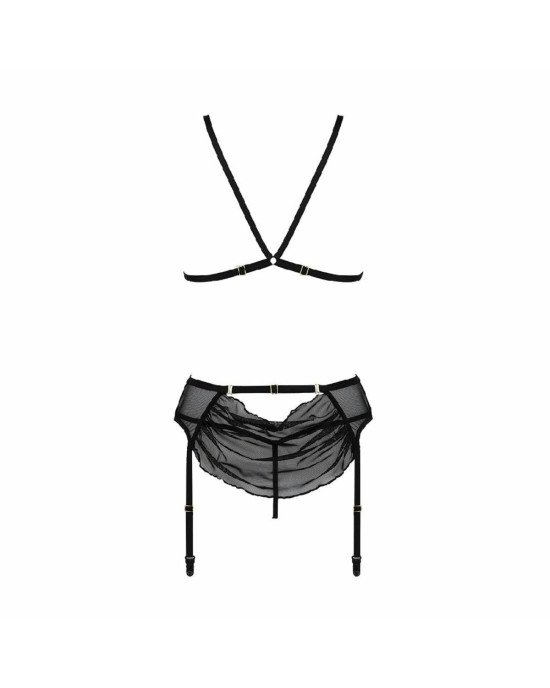 Комплект з відкритим доступом Passion DELIENA SET L/XL black, ліф, стрінги, пояс для панчіх
