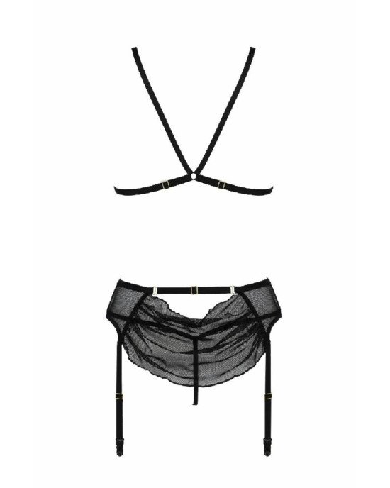 Комплект з відкритим доступом Passion DELIENA SET L/XL black, ліф, стрінги, пояс для панчіх