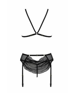 Комплект з відкритим доступом Passion DELIENA SET S/M black, ліф, стрінги, пояс для панчіх