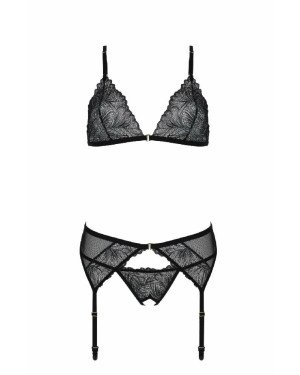 Комплект з відкритим доступом Passion DELIENA SET XXL/XXXL black, ліф, стрінги, пояс для панчіх