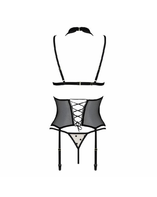 Корсет з відкритими грудьми Passion DOMINICA CORSET L/XL beige, пажі для панчіх, стрінги