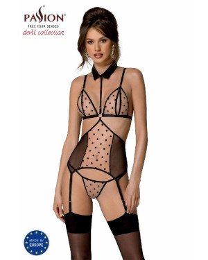 Корсет з відкритими грудьми Passion DOMINICA CORSET S/M beige, пажі для панчіх, стрінги