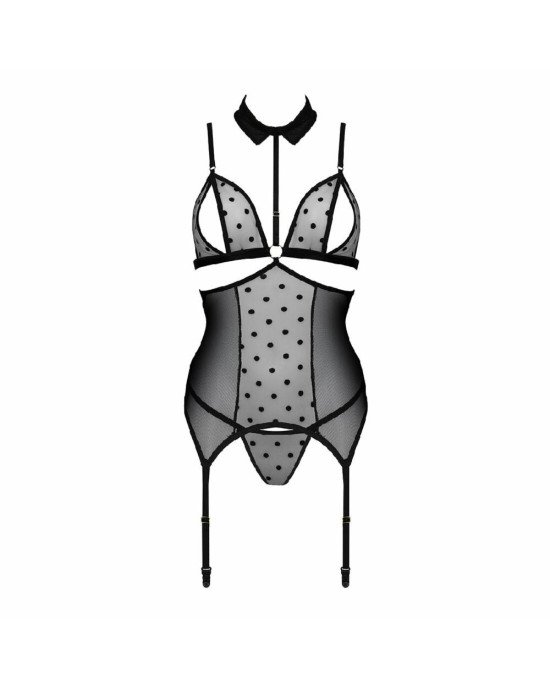 Корсет з відкритими грудьми Passion DOMINICA CORSET S/M black, пажі для панчіх, стрінги
