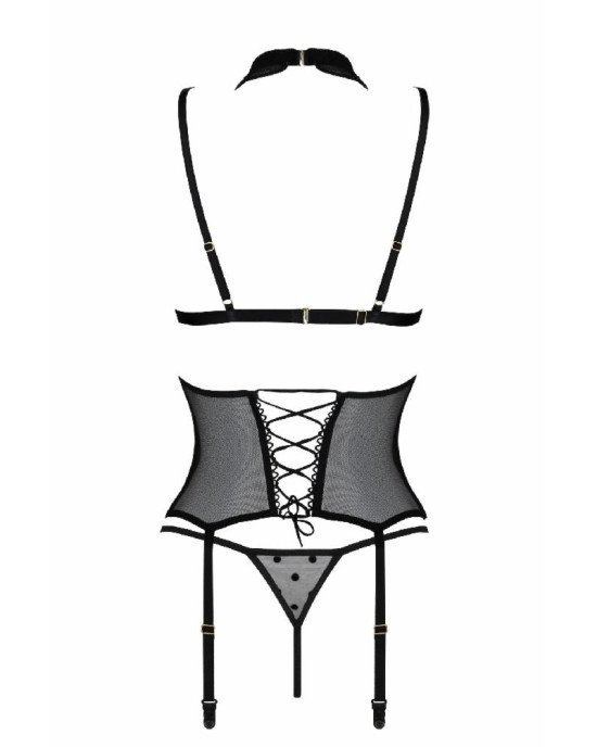 Корсет з відкритими грудьми Passion DOMINICA CORSET S/M black, пажі для панчіх, стрінги