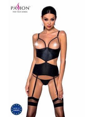 Корсет з відкритими грудьми Passion JANNIES CORSET L/XL black, стрінги в наборі