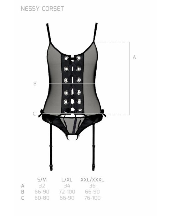 Корсет зі шнурівкою Passion NESSY CORSET L/XL black, стрінги з відкритим доступом, пажі для панчіх Корсет зі шнурівкою Passion NESSY CORSET L/XL black, стрінги з відкритим доступом, пажі для панчіх