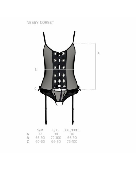 Корсет зі шнурівкою Passion NESSY CORSET XXL/XXXL black, стрінги з відкритим доступом, пажі для панч Корсет зі шнурівкою Passion NESSY CORSET XXL/XXXL black, стрінги з відкритим доступом, пажі для панч