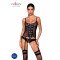 Корсет зі шнурівкою Passion NESSY CORSET XXL/XXXL black, стрінги з відкритим доступом, пажі для панч