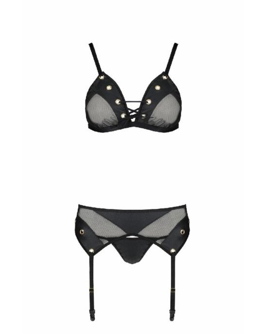 Комплект білизни Passion NESSY SET L/XL black, бюстгальтер, пояс для панчіх, стрінги Комплект білизни Passion NESSY SET L/XL black, бюстгальтер, пояс для панчіх, стрінги
