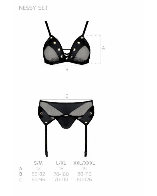 Комплект білизни Passion NESSY SET L/XL black, бюстгальтер, пояс для панчіх, стрінги Комплект білизни Passion NESSY SET L/XL black, бюстгальтер, пояс для панчіх, стрінги