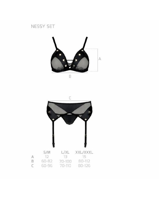 Комплект білизни Passion NESSY SET L/XL black, бюстгальтер, пояс для панчіх, стрінги Комплект білизни Passion NESSY SET L/XL black, бюстгальтер, пояс для панчіх, стрінги