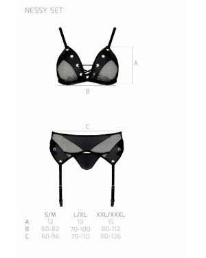 Комплект білизни Passion NESSY SET XXL/XXXL black, бюстгальтер, пояс для панчіх, стрінги