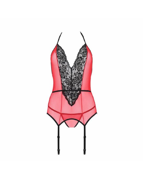 Корсет з пажами для панчіх Passion PEONIA CORSET L/XL red, стрінги Корсет з пажами для панчіх Passion PEONIA CORSET L/XL red, стрінги