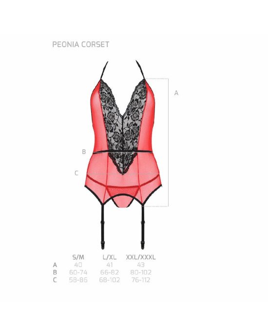 Корсет з пажами для панчіх Passion PEONIA CORSET L/XL red, стрінги Корсет з пажами для панчіх Passion PEONIA CORSET L/XL red, стрінги