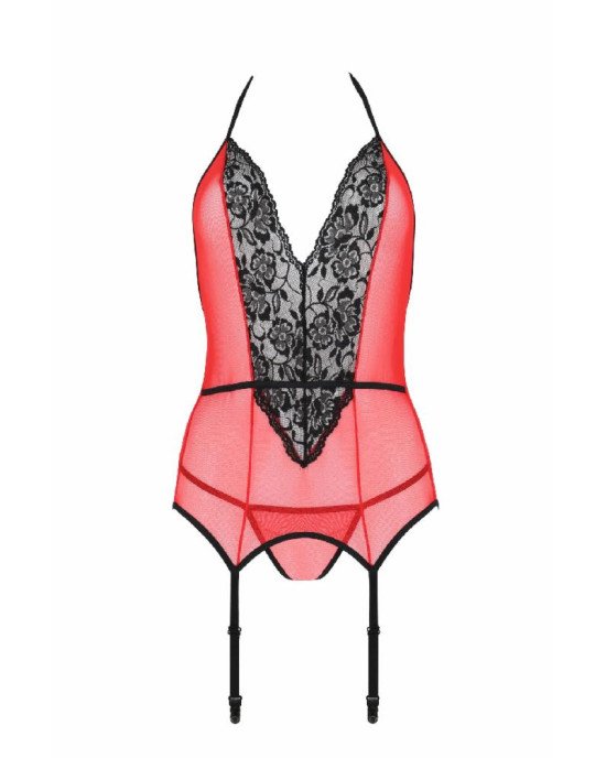 Корсет з пажами для панчіх Passion PEONIA CORSET L/XL red, стрінги Корсет з пажами для панчіх Passion PEONIA CORSET L/XL red, стрінги