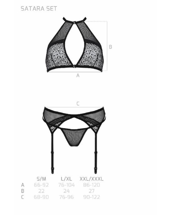 Комплект білизни Passion SATARA SET L/XL black, топ, пояс для панчіх, стрінги