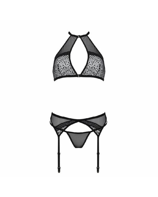 Комплект білизни Passion SATARA SET L/XL black, топ, пояс для панчіх, стрінги
