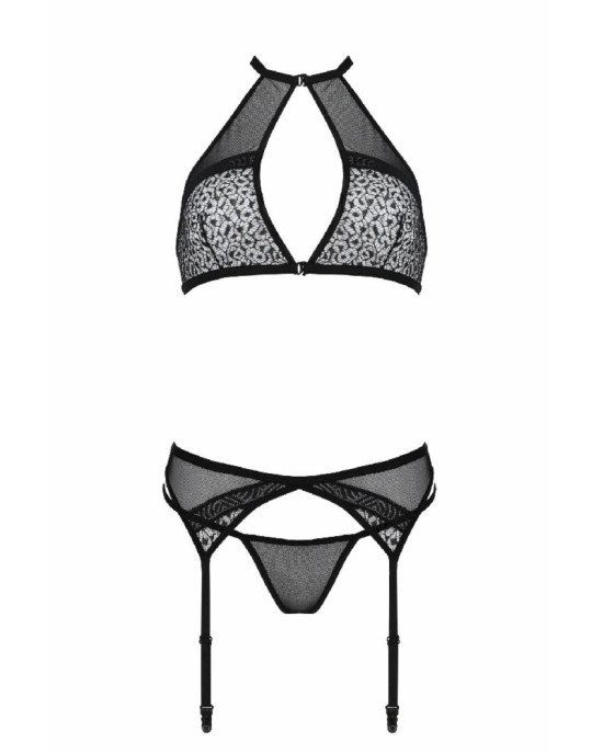 Комплект білизни Passion SATARA SET L/XL black, топ, пояс для панчіх, стрінги