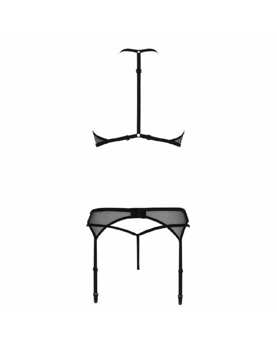 Комплект білизни Passion SATARA SET L/XL black, топ, пояс для панчіх, стрінги