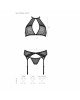 Комплект білизни Passion SATARA SET L/XL black, топ, пояс для панчіх, стрінги