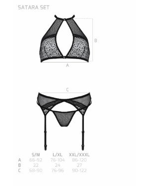 Комплект білизни Passion SATARA SET S/M black, топ, пояс для панчіх, стрінги