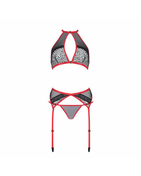 Комплект білизни Passion SATARA SET L/XL red, топ, пояс для панчіх, стрінги