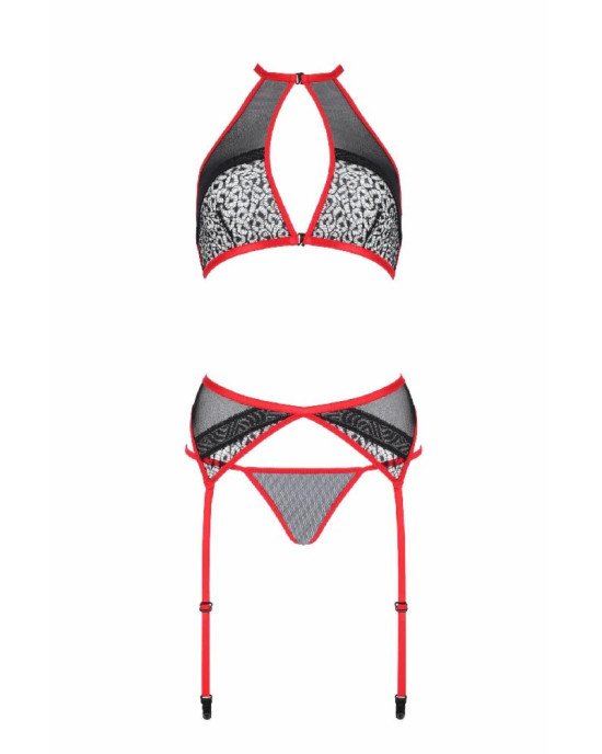 Комплект білизни Passion SATARA SET L/XL red, топ, пояс для панчіх, стрінги