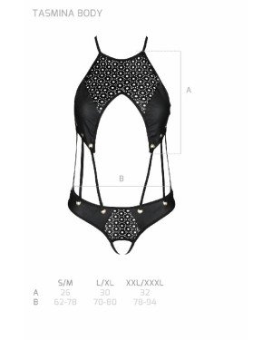 Боді з відкритим доступом Passion TASMINA BODY L/XL black, екошкіра, шнурівки, ажурні мережива