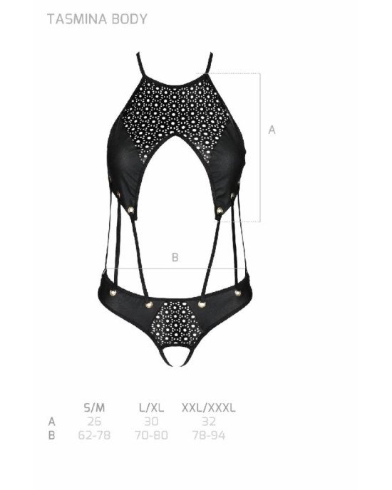 Боді з відкритим доступом Passion TASMINA BODY L/XL black, екошкіра, шнурівки, ажурні мережива Боді з відкритим доступом Passion TASMINA BODY L/XL black, екошкіра, шнурівки, ажурні мережива