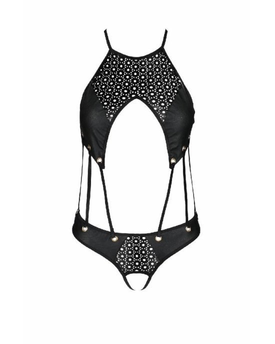 Боді з відкритим доступом Passion TASMINA BODY XXL/XXXL, black, екошкіра, шнурівки, ажурні мережива