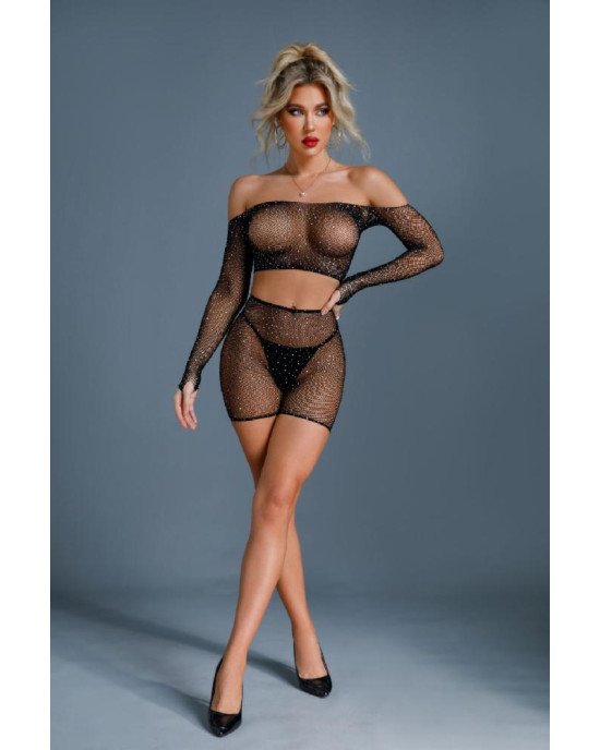 Бодістокінг Caprice Lingerie Model 07 One size Black, топ, велосипедки, сітка зі стразами