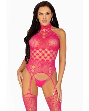 Leg Avenue High neck lace bodystocking Raspberry O/S