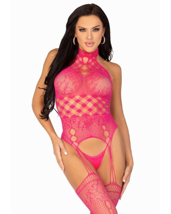 Leg Avenue High neck lace bodystocking Raspberry O/S