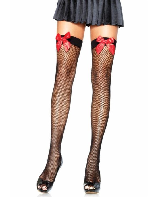 Leg Avenue Fishnet Thigh Highs With Bow OS Black & Red Leg Avenue Fishnet Thigh Highs With Bow OS Black & Red