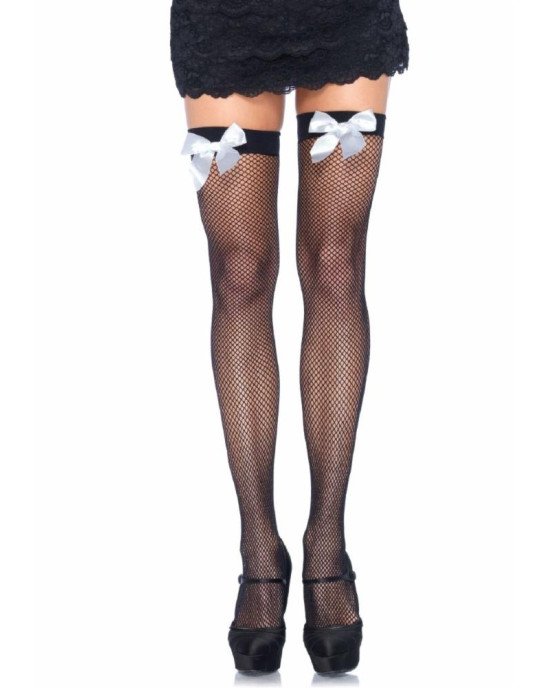 Leg Avenue Fishnet Thigh Highs With Bow OS Black & White