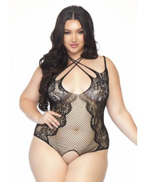 Leg Avenue Net and lace crotchless teddy Black 1X-2X