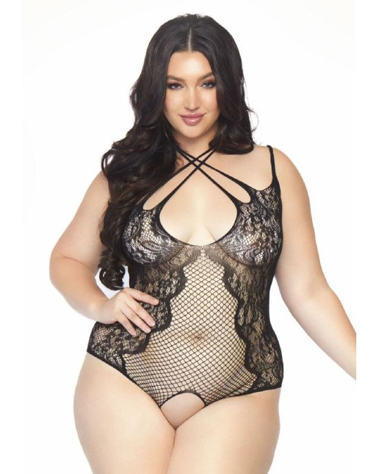 Leg Avenue Net and lace crotchless teddy Black 1X-2X