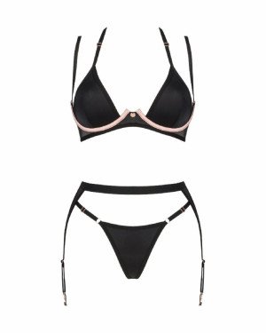 Комплект білизни Obsessive Selinne 3-pcs set XL/2XL Black, бюстгальтер, стрінги пояс для панчіх Комплект білизни Obsessive Selinne 3-pcs set XL/2XL Black, бюстгальтер, стрінги пояс для панчіх