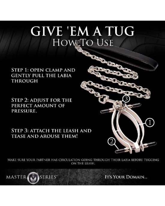 Затискач для статевих губ з повідцем Master Series Pussy Tugger Adjustable Vagina Clamp with Chain Затискач для статевих губ з повідцем Master Series Pussy Tugger Adjustable Vagina Clamp with Chain
