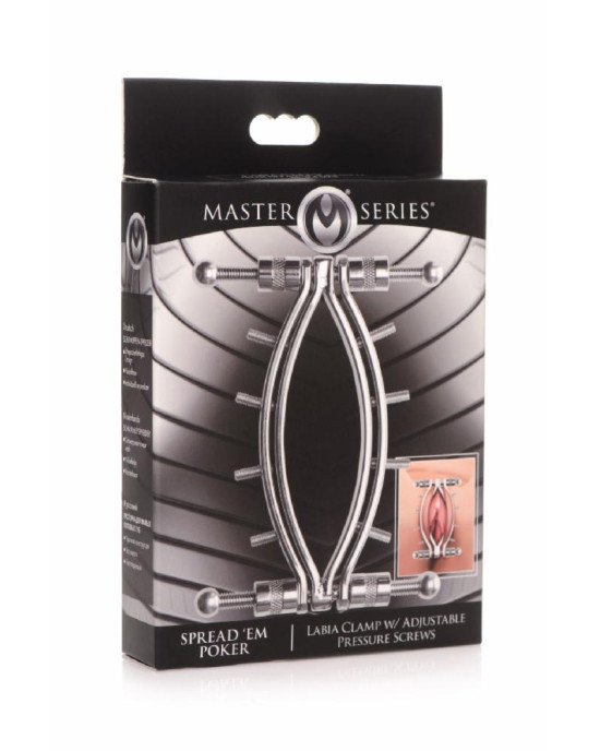 Затискач для статевих губ Master Series Spread'Em Poker Vagina Clamp with Adjustable Pressure Screws Затискач для статевих губ Master Series Spread'Em Poker Vagina Clamp with Adjustable Pressure Screws