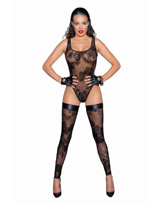 Боді Noir Handmade F242 Tulle body with patterned flock embroidery - L Боді Noir Handmade F242 Tulle body with patterned flock embroidery - L