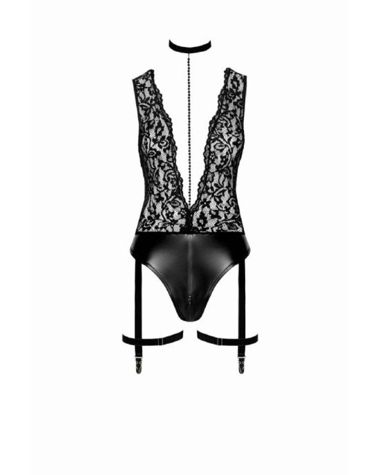 Боді Noir Handmade F297 Libido Deep-V bodysuit with collar, pearl chain and garter - XL Боді Noir Handmade F297 Libido Deep-V bodysuit with collar, pearl chain and garter - XL