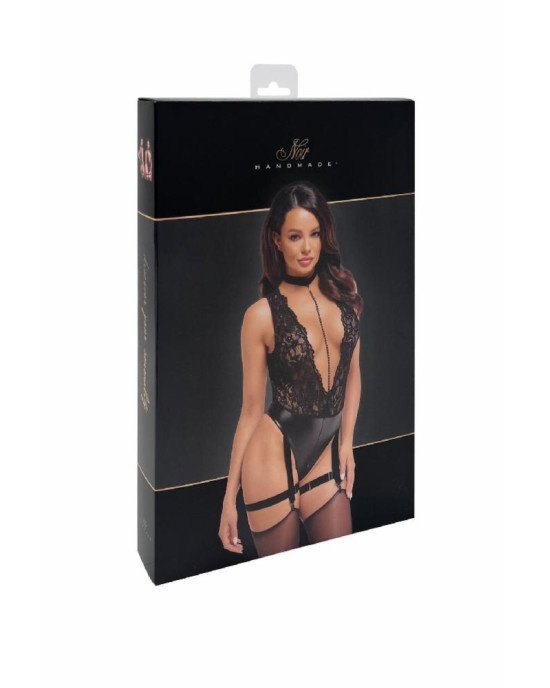 Боді Noir Handmade F297 Libido Deep-V bodysuit with collar, pearl chain and garter - XL Боді Noir Handmade F297 Libido Deep-V bodysuit with collar, pearl chain and garter - XL