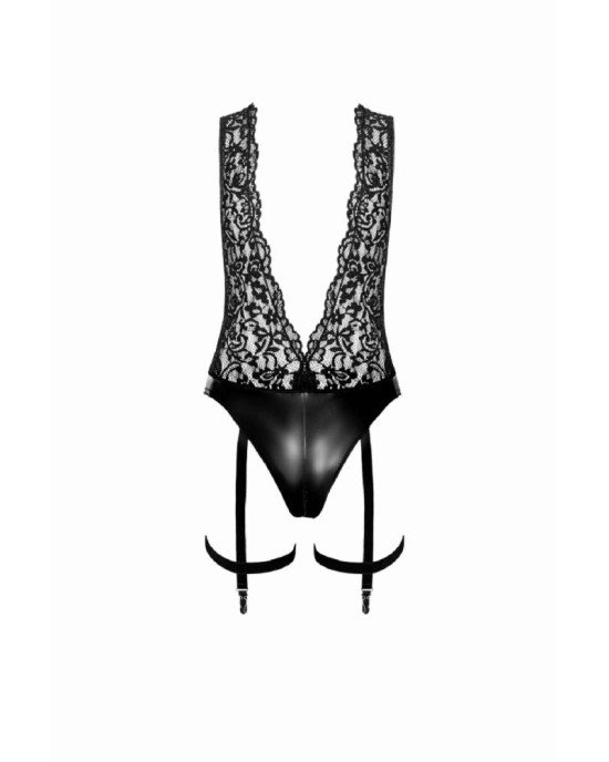 Боді Noir Handmade F297 Libido Deep-V bodysuit with collar, pearl chain and garter - XL Боді Noir Handmade F297 Libido Deep-V bodysuit with collar, pearl chain and garter - XL