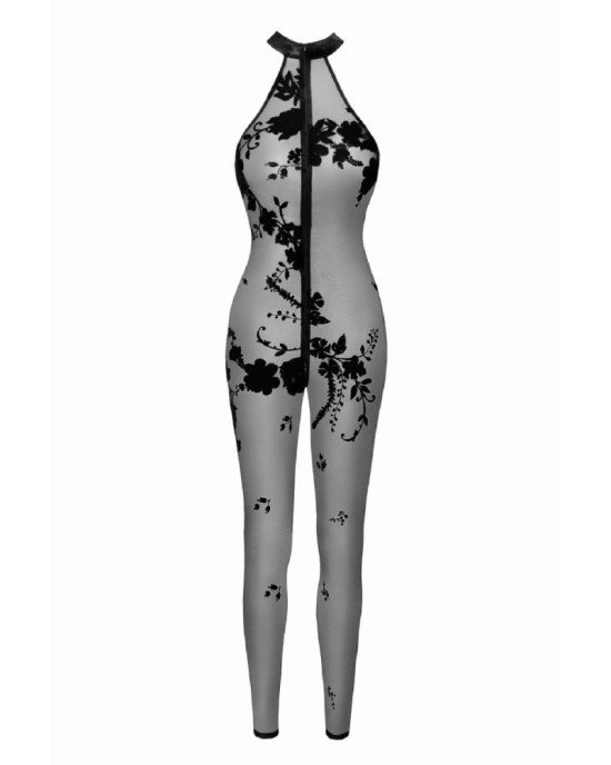 Бодістокінг Noir Handmade F315 Ego flocked mesh halter catsuit - L Бодістокінг Noir Handmade F315 Ego flocked mesh halter catsuit - L