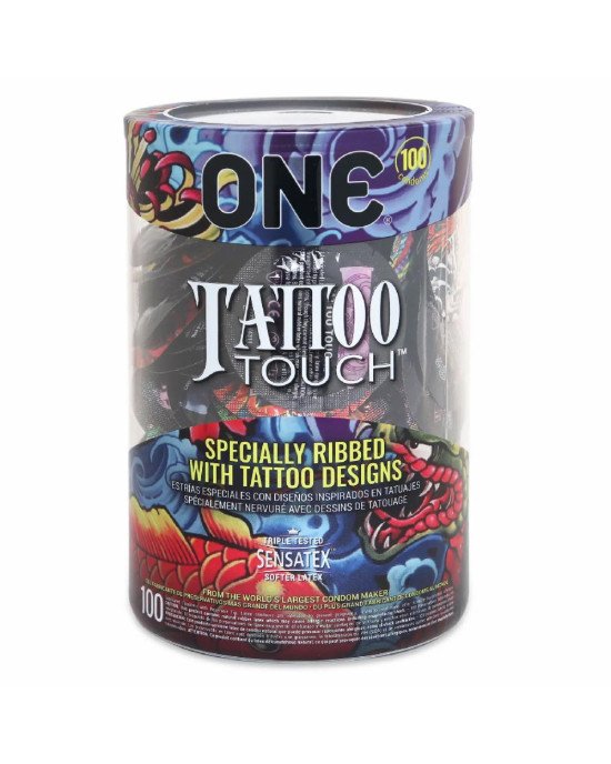 Набір презервативів ONE Tattoo Touch 100 шт, мегапак тюб Набір презервативів ONE Tattoo Touch 100 шт, мегапак тюб