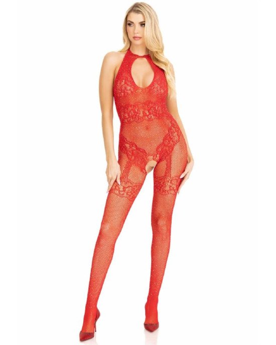 Бодістокінг Leg Avenue Rhinestone Lace and Net Bodystocking Red One Size Бодістокінг Leg Avenue Rhinestone Lace and Net Bodystocking Red One Size
