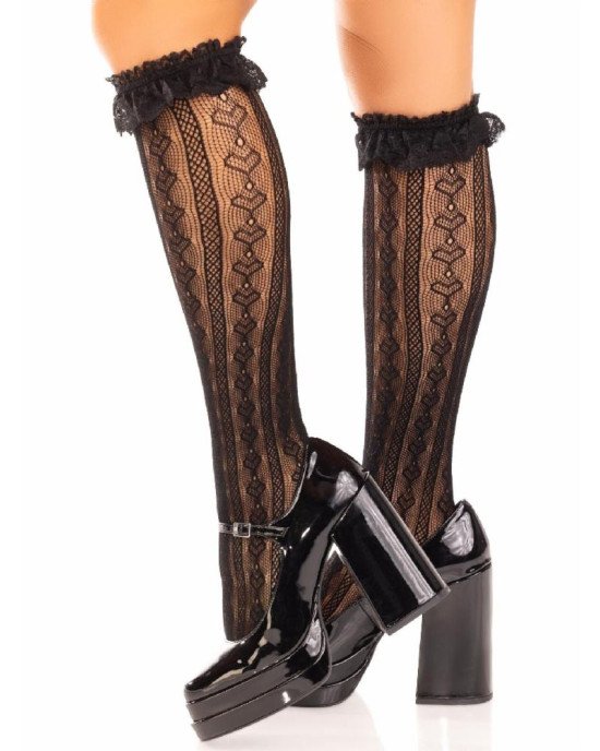 Шкарпетки ажурні з рюшами Leg Avenue Sweetheart Ruffle Cuff Knee Highs Black, високі
